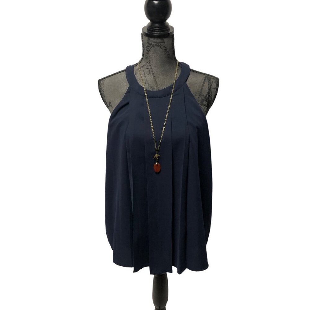 Doe and Rae Navy Blue Sleeveless Blouse Womens Size Large Front Pleats Lined